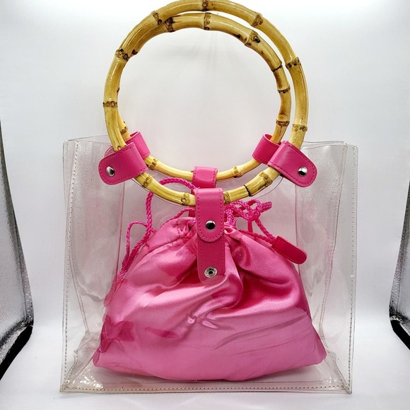 Lancome Transparent Round Bamboo Handle Handbag Tote Removable Pink Interior Bag - Picture 1 of 10